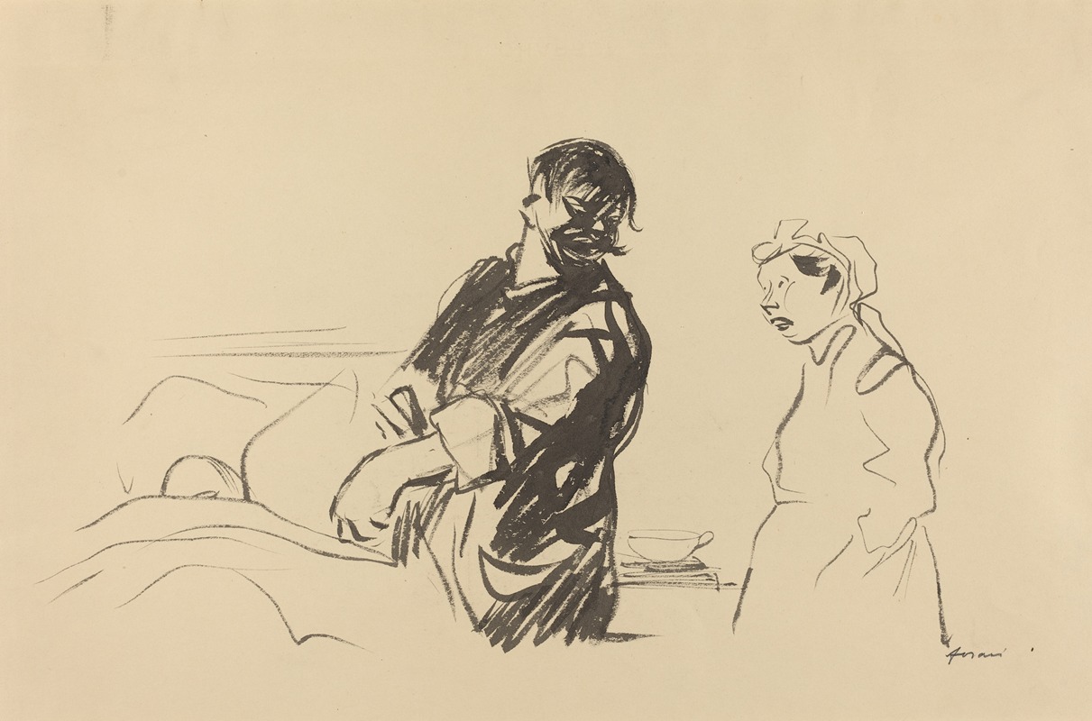 Cena hospitalar com paciente e profissional de saúde, desenho de Jean-Louis Forain